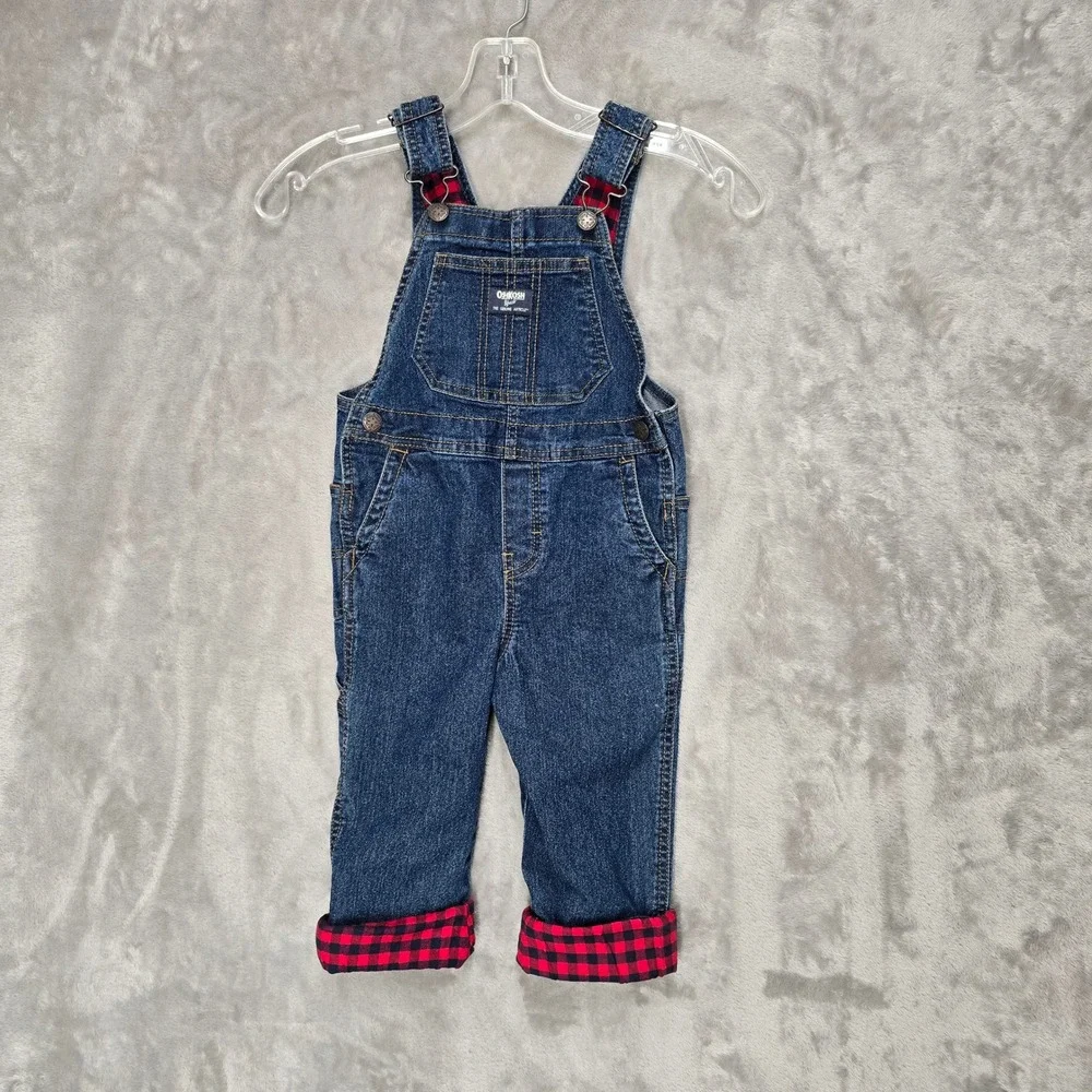 OshKosh B'gosh Overalls Toddler 3T Blue Denim Red Buffalo Plaid Lined Farm